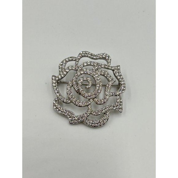 Vintage Rhinestone Pave Rose Flower Pin Brooch Silver Tone Metal Openwork Design - Picture 2 of 7